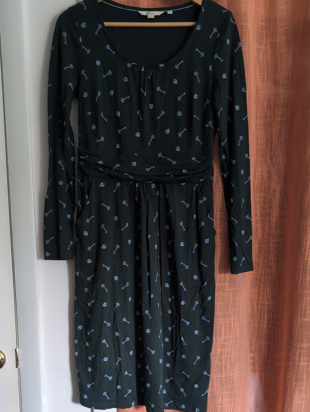 Boden Forest Green Long-Sleeve Jersey Dress with Light Blue Key Print